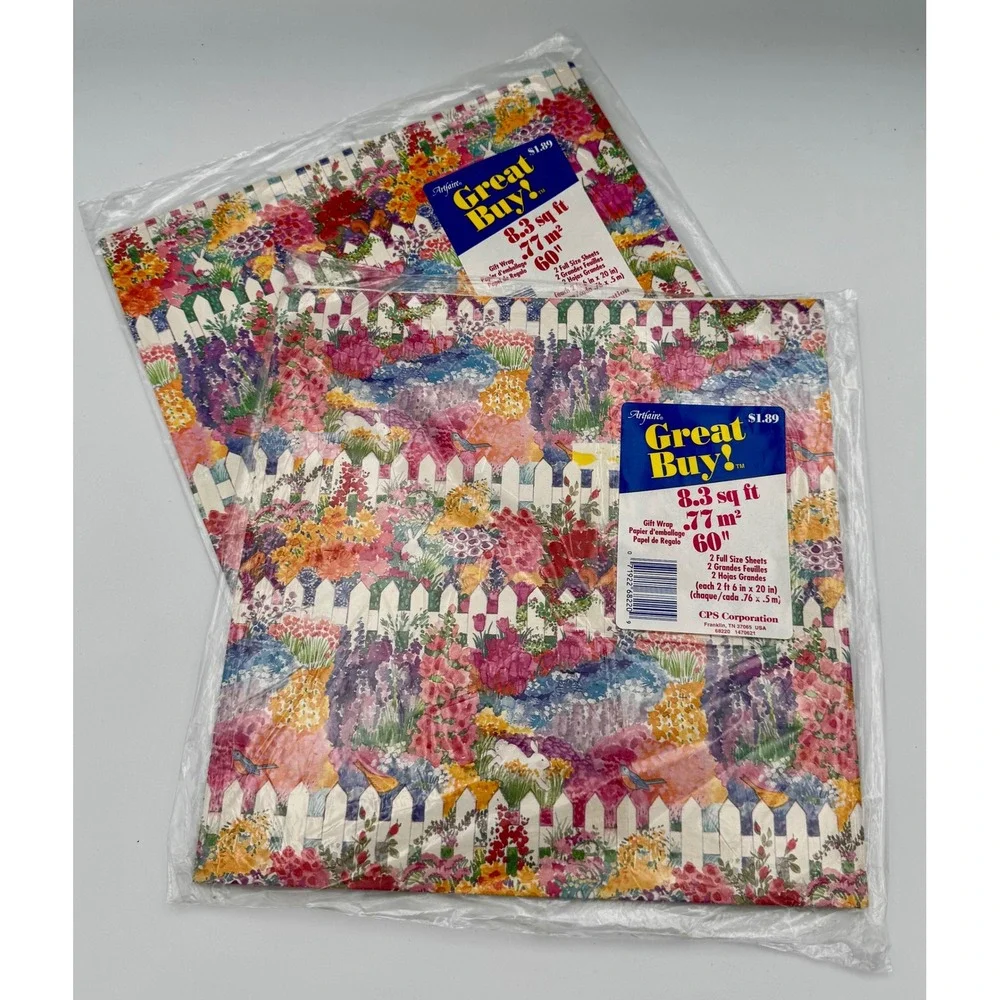 Vintage Artfaire Floral Garden Gift Wrap 2 Pk Sealed Picket Fence Craft Paper